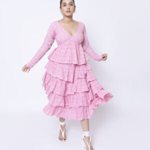 Pink Solid Layered Fit & Flare Midi Dress